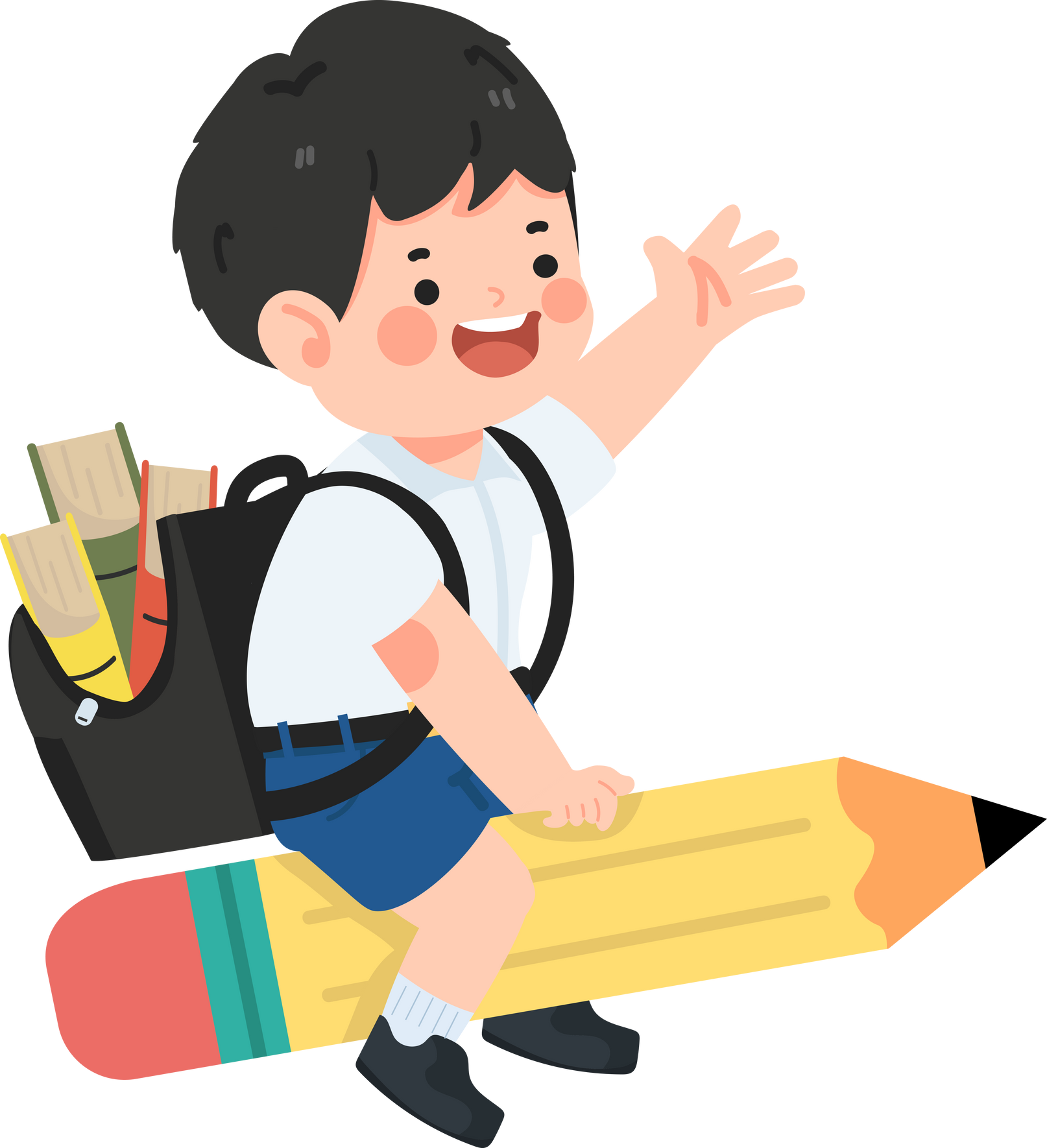 Kid boy student flying on Pencil